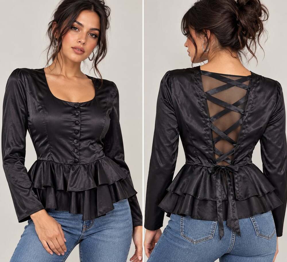 Vintage 90s Suzy Phillips Black Satin Peplum Blouse Lace Up Back Goth L